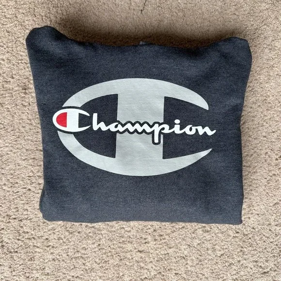 Champion Sweatshirt Mens Small Grey Hoodie Pockets Logo Spellout - Picture 12 of 12